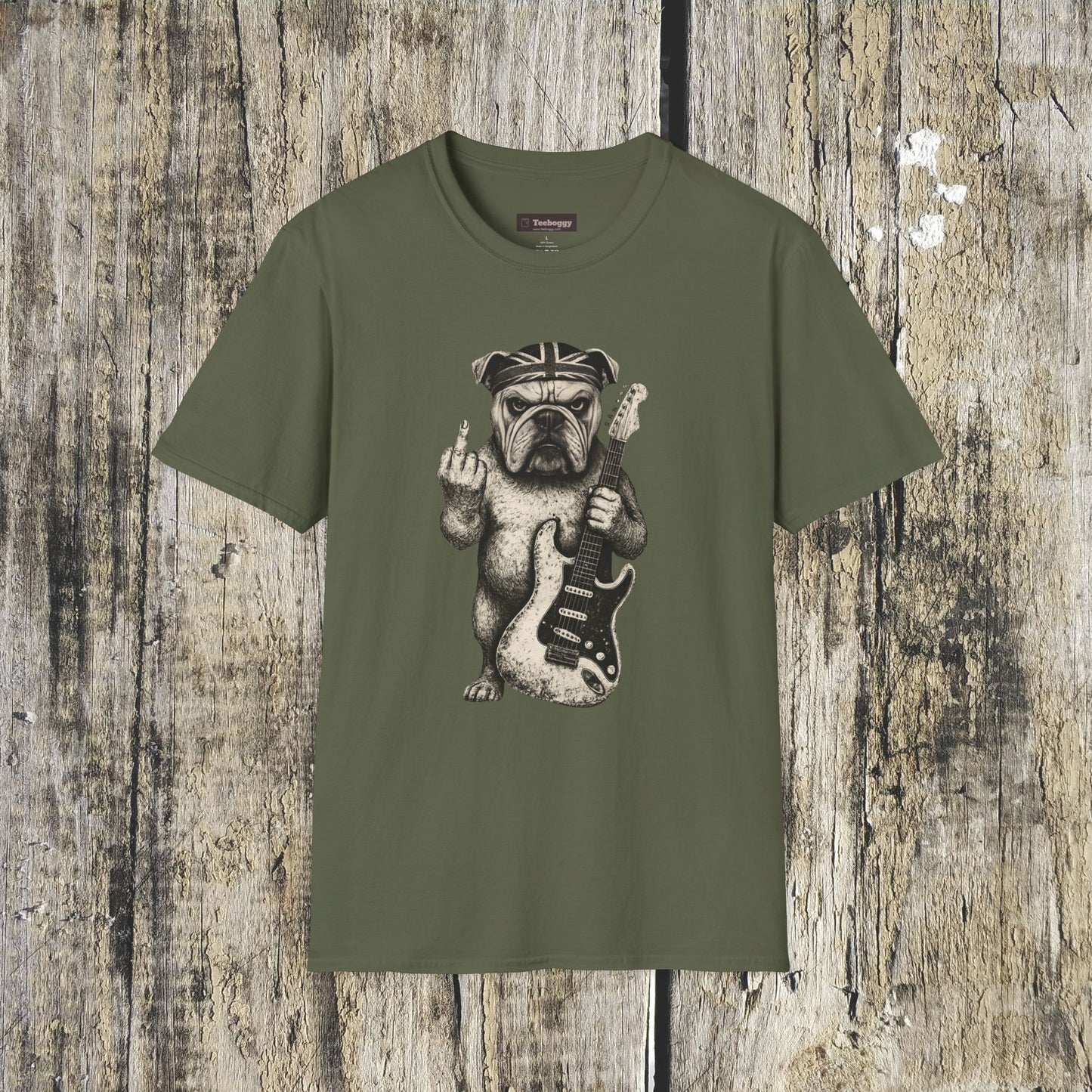 Bulldog Rock Rebel T-Shirt — Guitar-Slinging Middle Finger Design