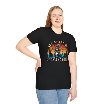 Rock & Roll Dinosaur T-Shirt — "Let There Be Rock and Roll" Guitar Dino Tee