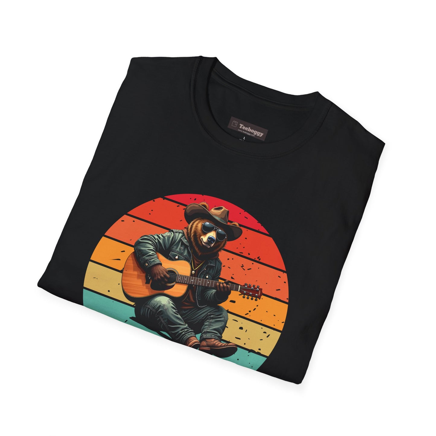 Daddy Bear T-Shirt — Grizzly Dad Playing Acoustic Guitar Retro Sun Design