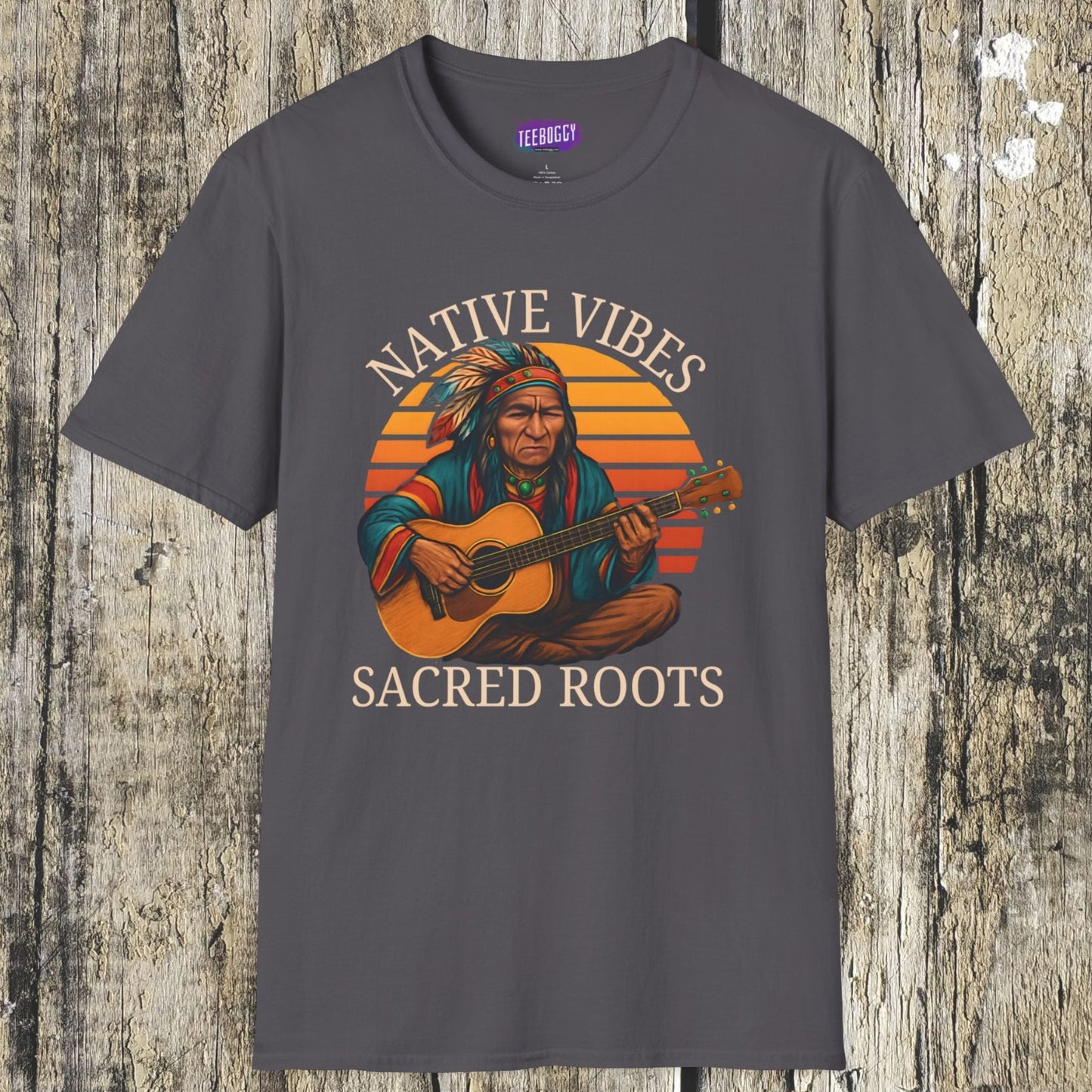 Native Vibes Softstyle T-Shirt with Elder Native American Playing Guitar
