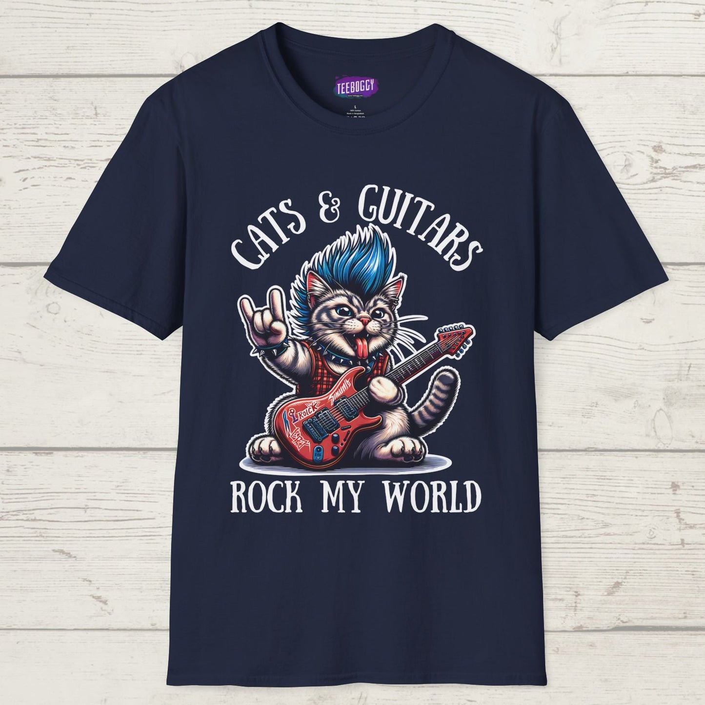 Rocker Cat T-Shirt with 'Cats & Guitars Rock My World' Slogan