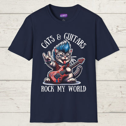 Rocker Cat T-Shirt with 'Cats & Guitars Rock My World' Slogan