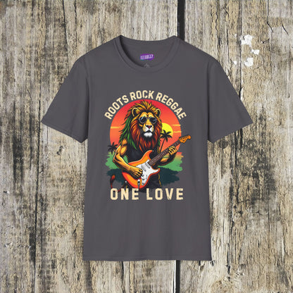 Graphic T-Shirt - Zion Lion Rock Guitar Retro Sunset with Roots Rock Reggae & One Love Slogans