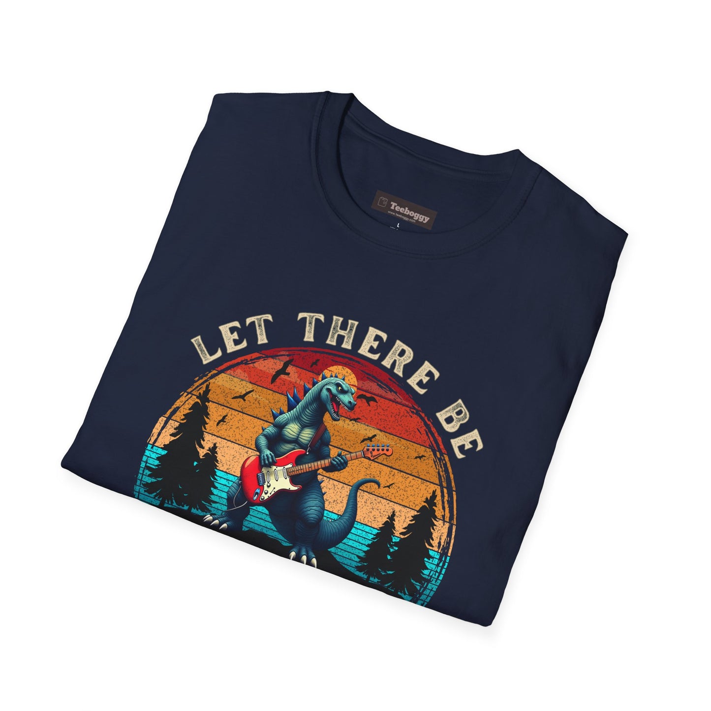 Rock & Roll Dinosaur T-Shirt — "Let There Be Rock and Roll" Guitar Dino Tee