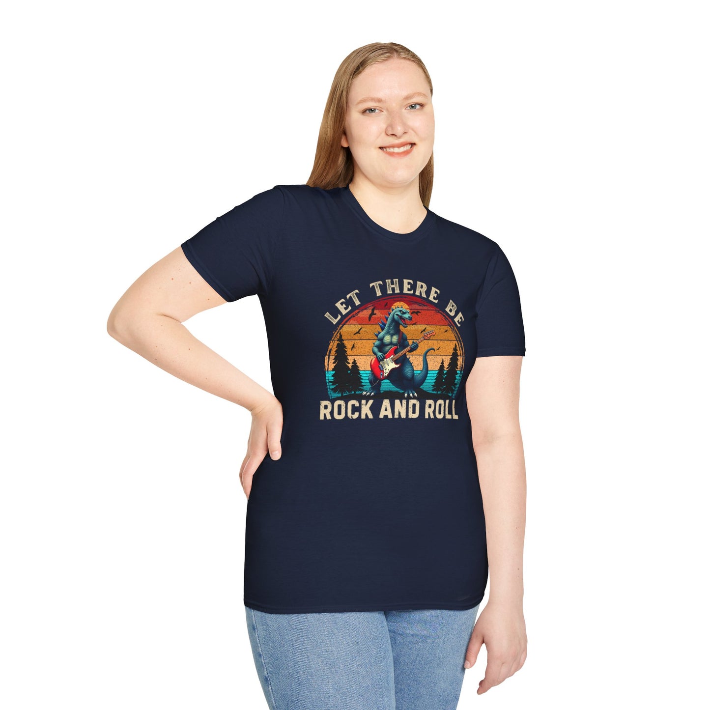 Rock & Roll Dinosaur T-Shirt — "Let There Be Rock and Roll" Guitar Dino Tee