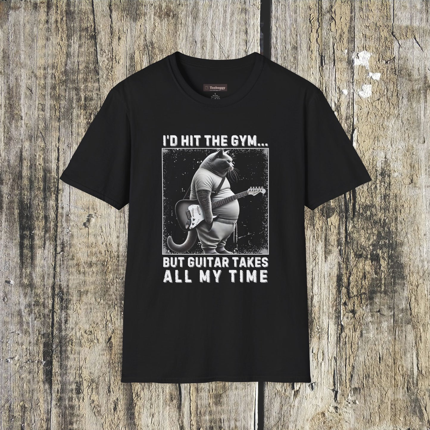 Fat Cat Guitarist T-Shirt — "I'd Hit the Gym, But Guitar Takes All My Time" Humorous Tee