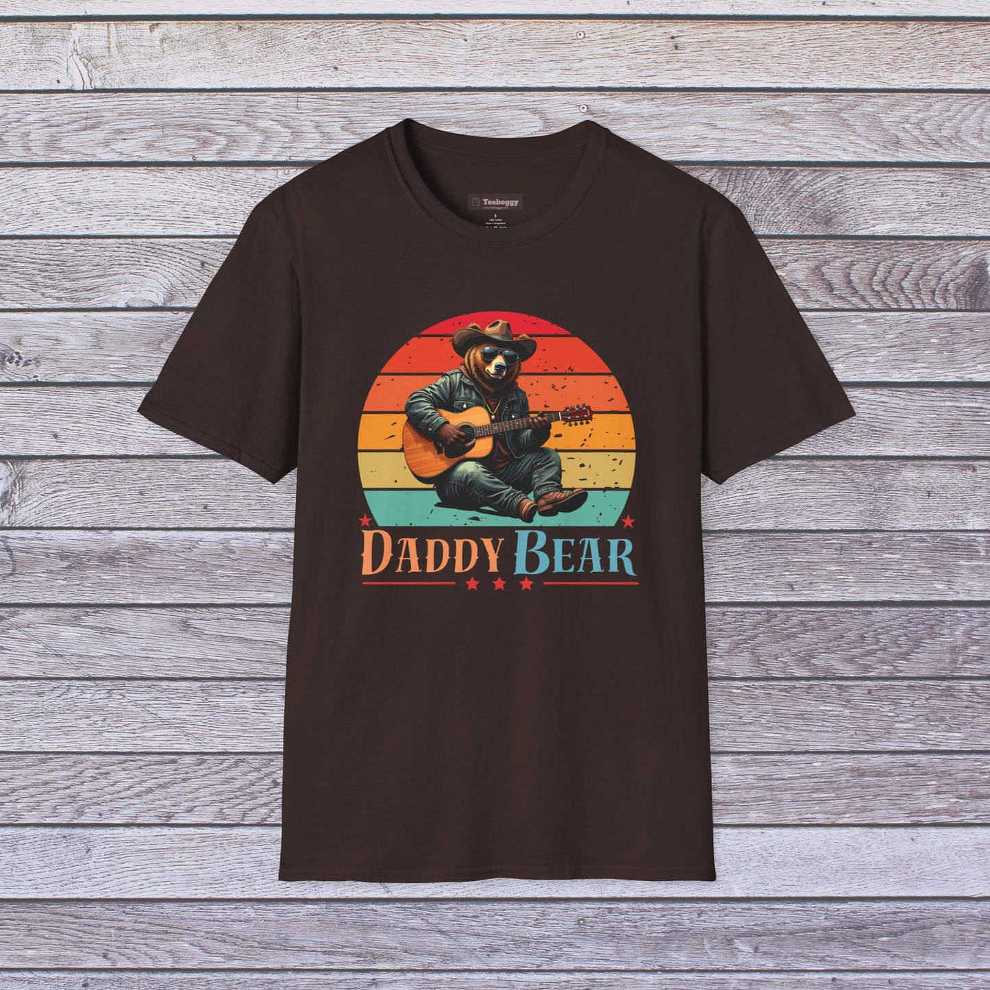 Daddy Bear T-Shirt — Grizzly Dad Playing Acoustic Guitar Retro Sun Design