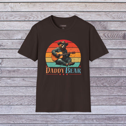 Daddy Bear T-Shirt — Grizzly Dad Playing Acoustic Guitar Retro Sun Design