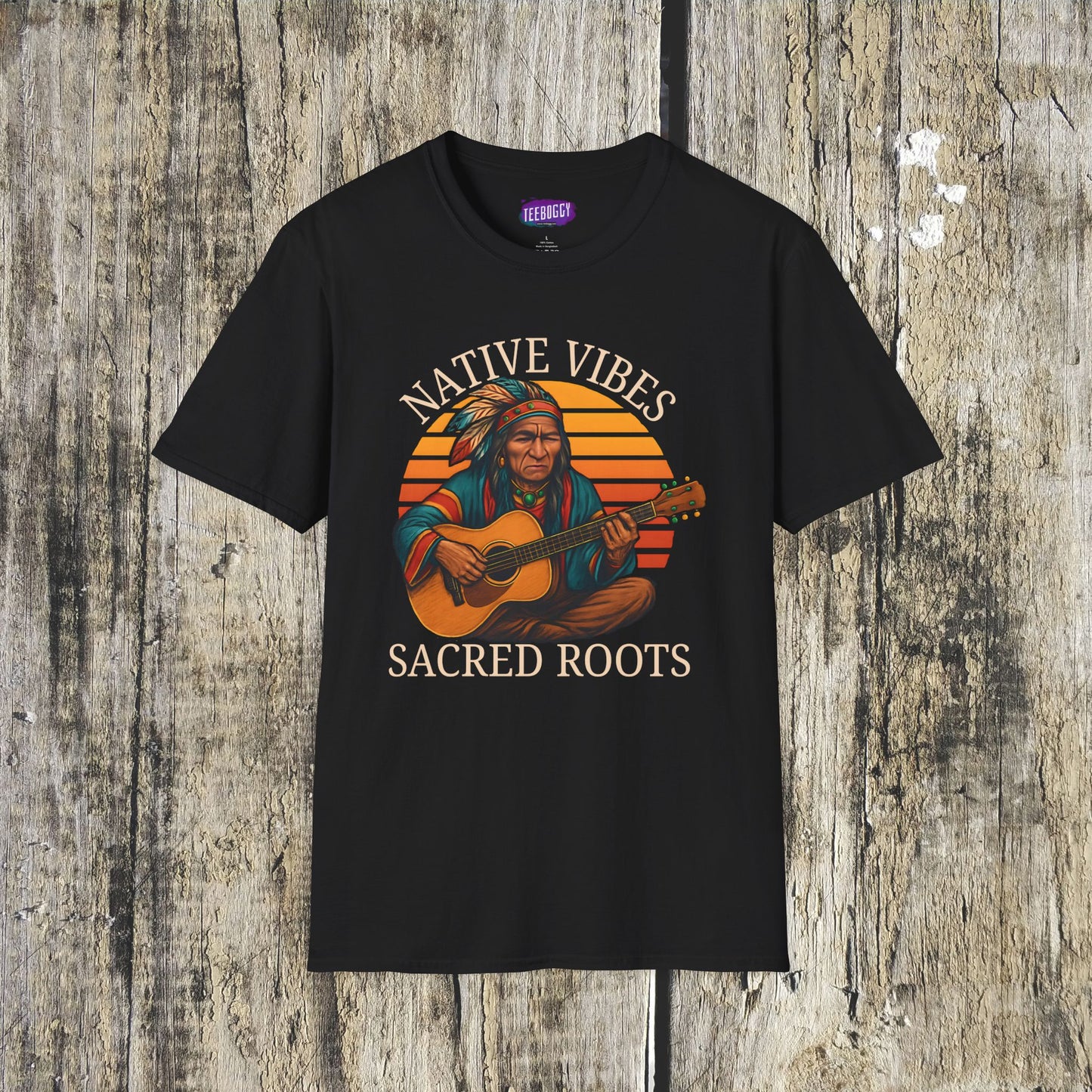 Native Vibes Softstyle T-Shirt with Elder Native American Playing Guitar