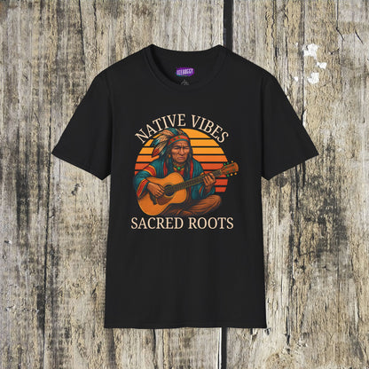 Native Vibes Softstyle T-Shirt with Elder Native American Playing Guitar