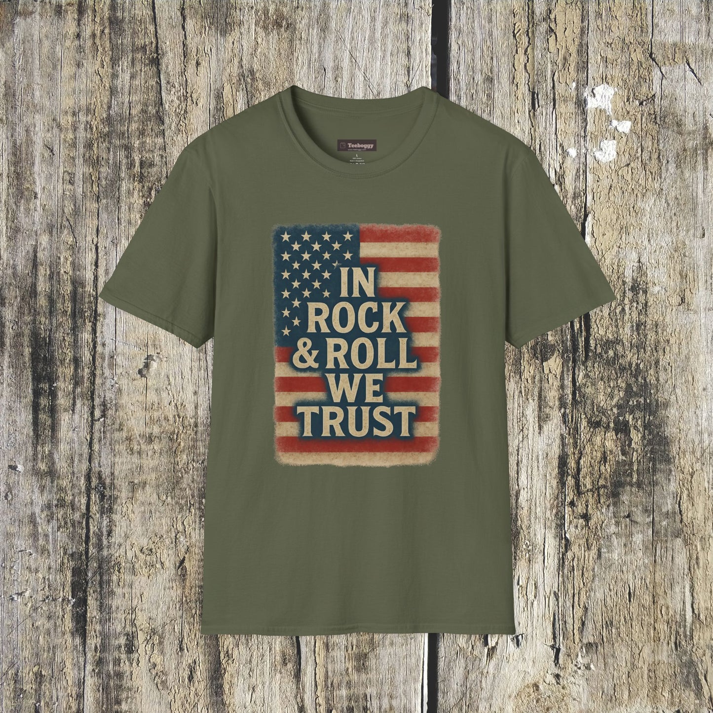 Rock & Roll T-Shirt — "In Rock & Roll We Trust" USA Flag Patriotic Tee