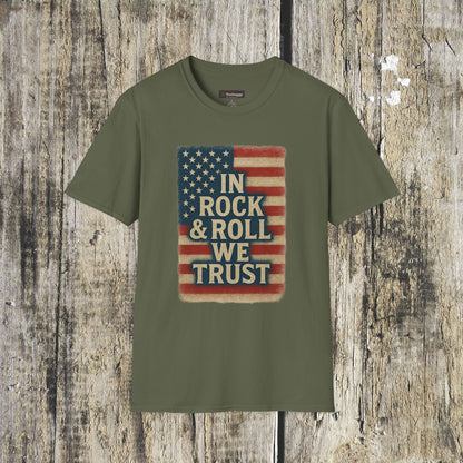 Rock & Roll T-Shirt — "In Rock & Roll We Trust" USA Flag Patriotic Tee
