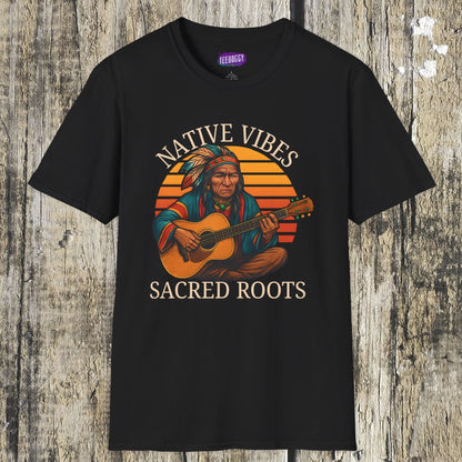 Native Vibes Softstyle T-Shirt with Elder Native American Playing Guitar