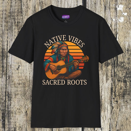 Native Vibes Softstyle T-Shirt with Elder Native American Playing Guitar