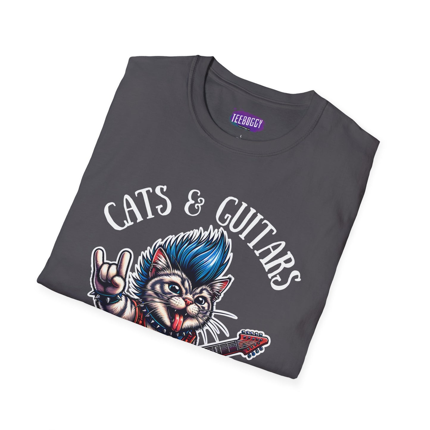Rocker Cat T-Shirt with 'Cats & Guitars Rock My World' Slogan