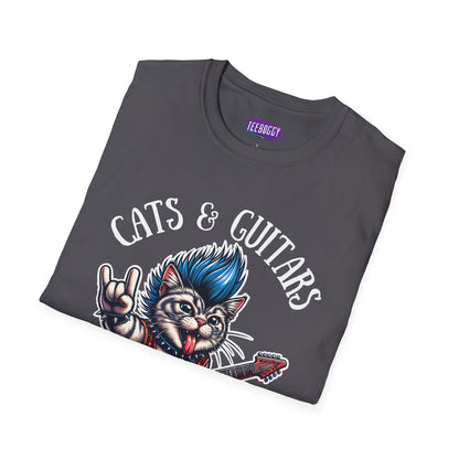 Rocker Cat T-Shirt with 'Cats & Guitars Rock My World' Slogan