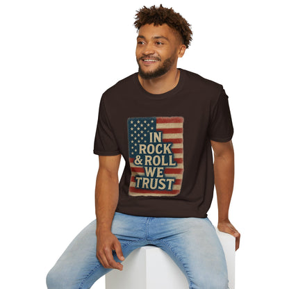 Rock & Roll T-Shirt — "In Rock & Roll We Trust" USA Flag Patriotic Tee