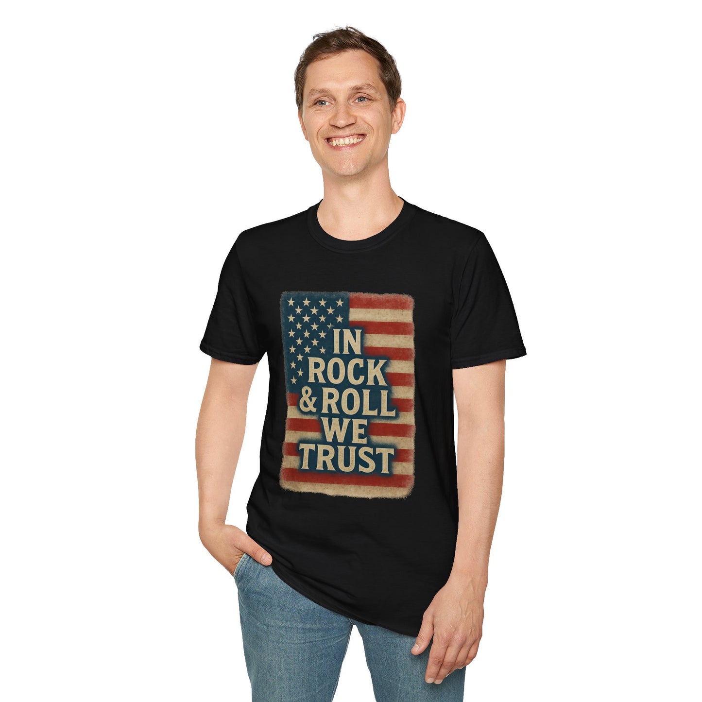 Rock & Roll T-Shirt — "In Rock & Roll We Trust" USA Flag Patriotic Tee