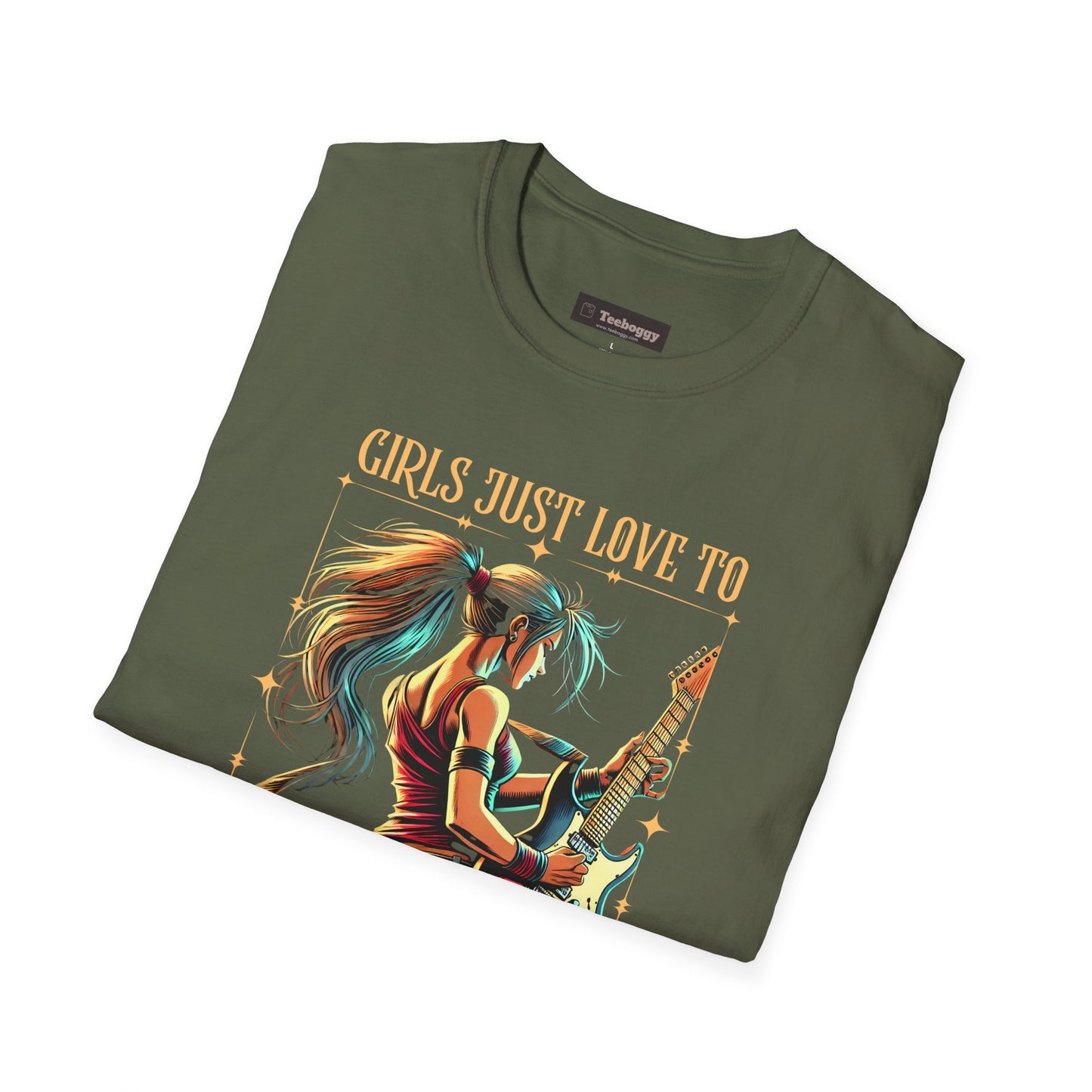 Girls Just Love to Rock & Roll T-Shirt — Female Guitarist Rock Tee