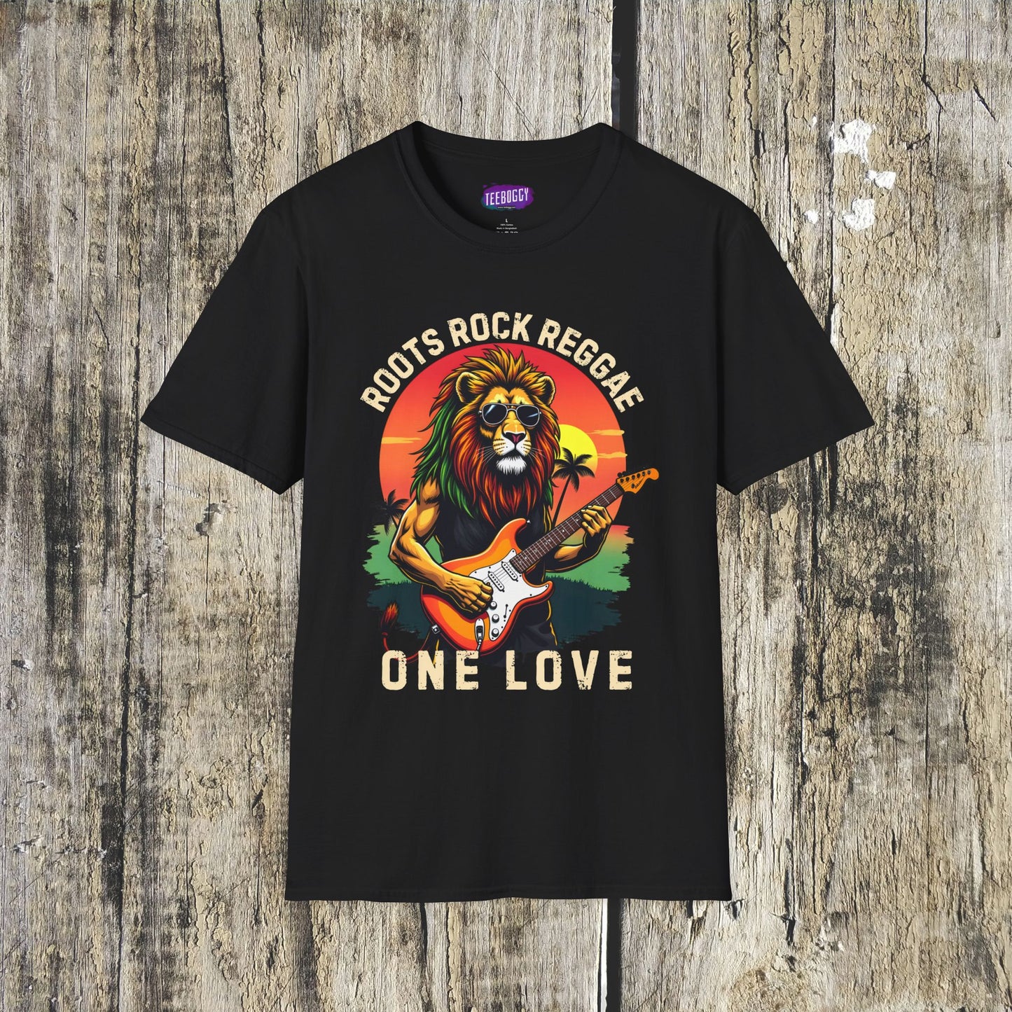 Graphic T-Shirt - Zion Lion Rock Guitar Retro Sunset with Roots Rock Reggae & One Love Slogans