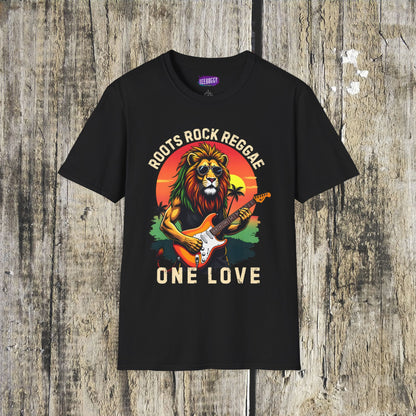 Graphic T-Shirt - Zion Lion Rock Guitar Retro Sunset with Roots Rock Reggae & One Love Slogans