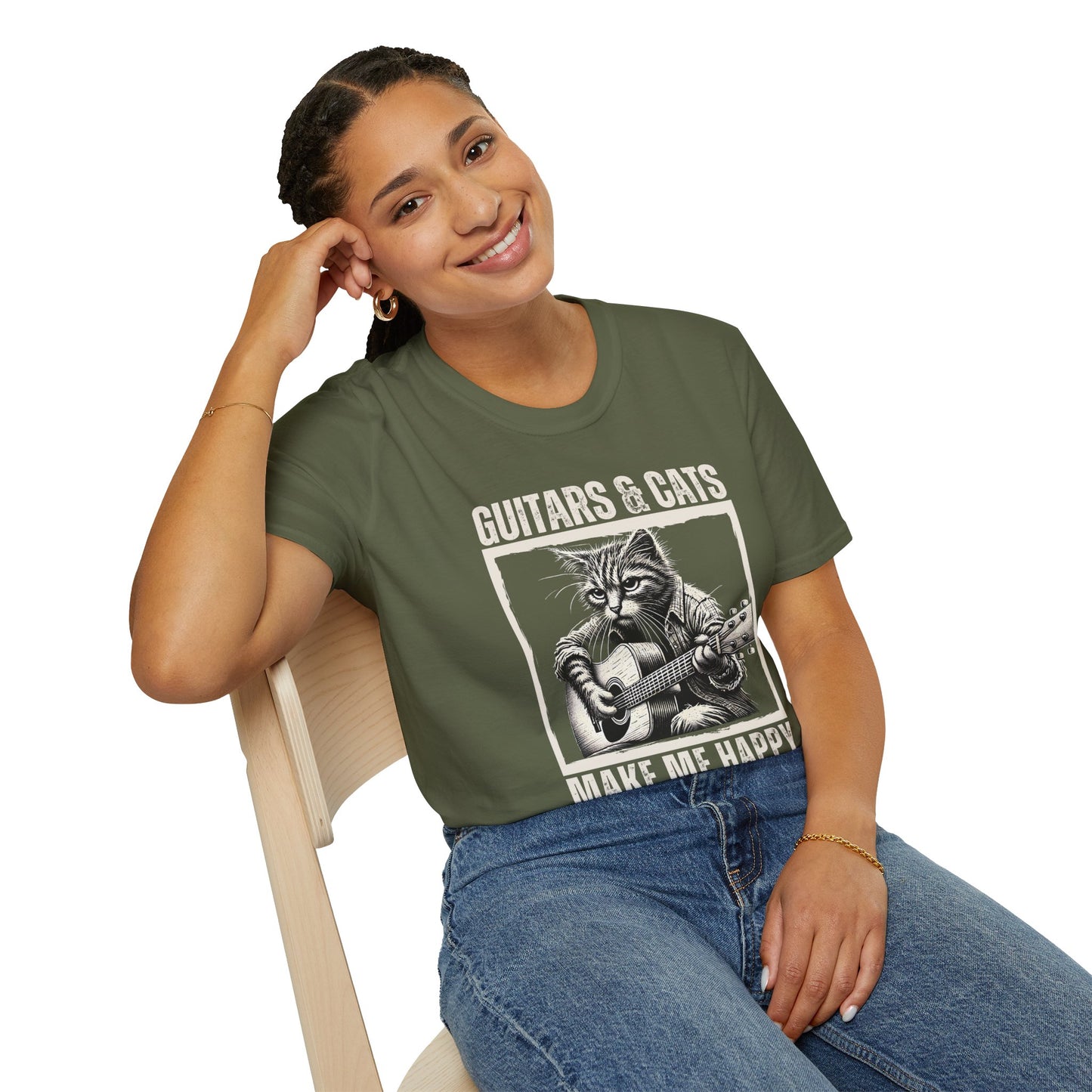 Guitars & Cats Make Me Happy T-Shirt — Cool Cat Playing Guitar Tee