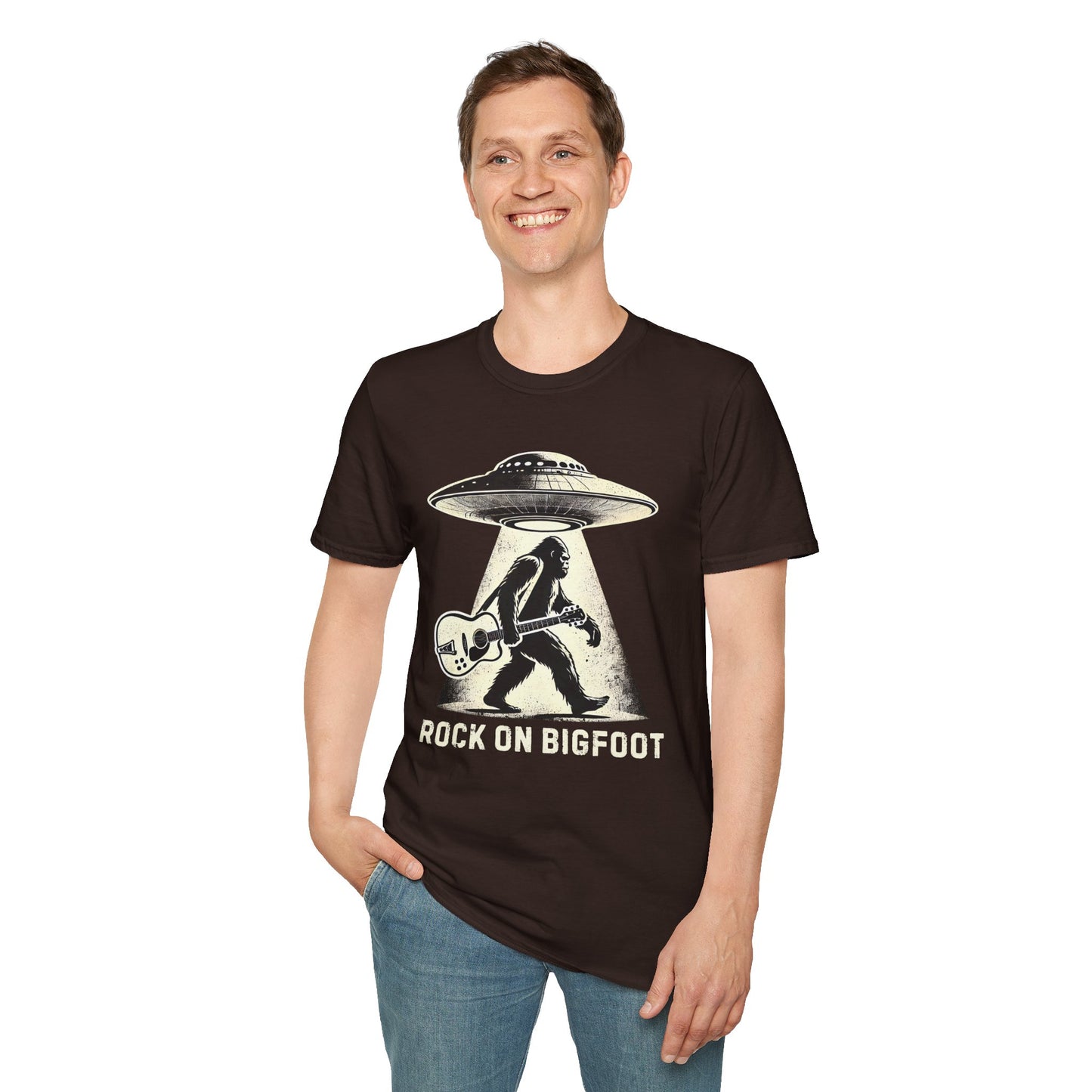 Bigfoot Guitar Tee — UFO Searchlight Humorous Sasquatch T-Shirt
