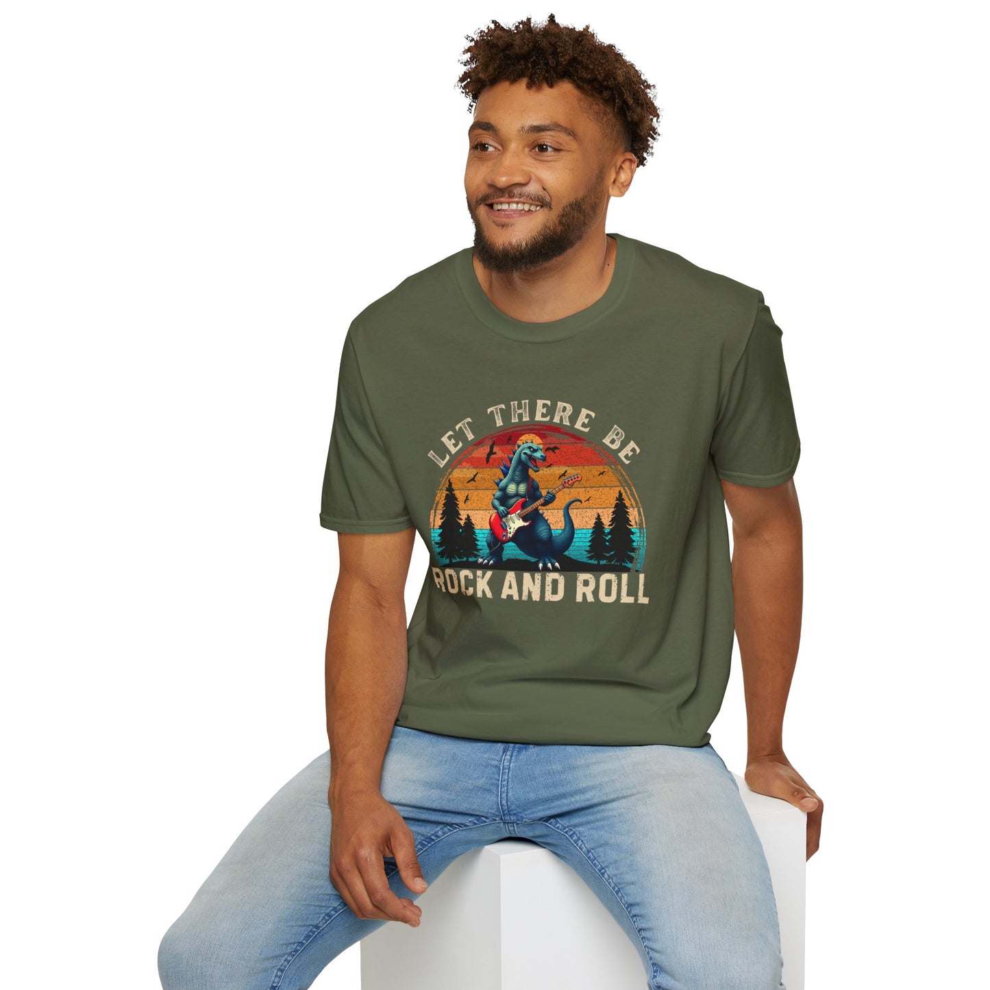 Rock & Roll Dinosaur T-Shirt — "Let There Be Rock and Roll" Guitar Dino Tee