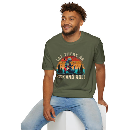 Rock & Roll Dinosaur T-Shirt — "Let There Be Rock and Roll" Guitar Dino Tee