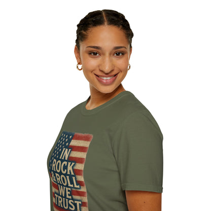 Rock & Roll T-Shirt — "In Rock & Roll We Trust" USA Flag Patriotic Tee