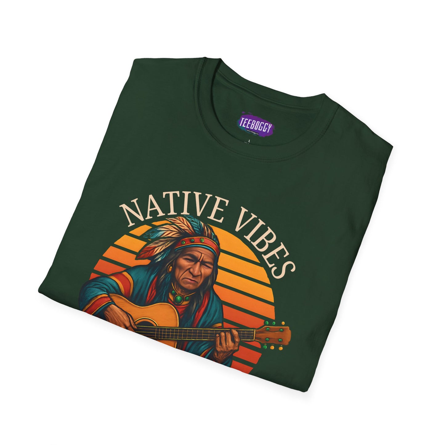 Native Vibes Softstyle T-Shirt with Elder Native American Playing Guitar