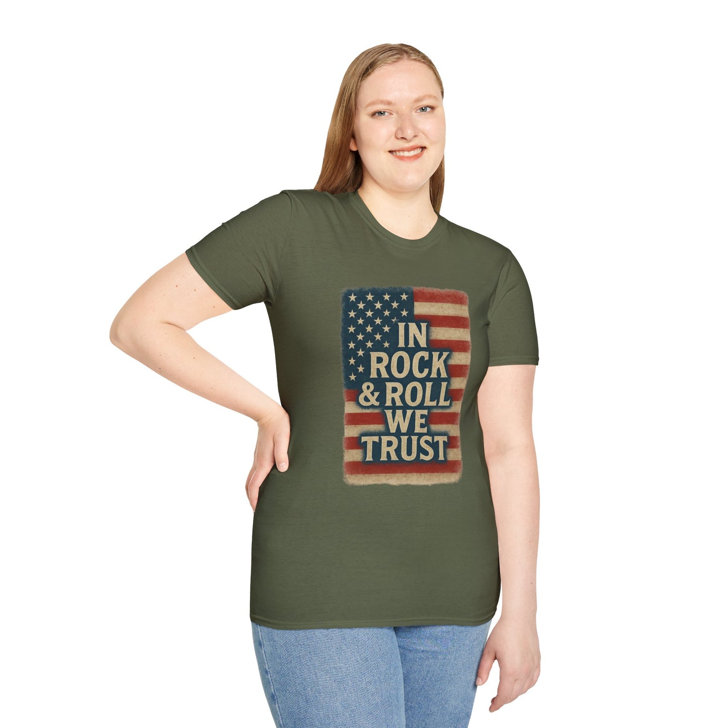 Rock & Roll T-Shirt — "In Rock & Roll We Trust" USA Flag Patriotic Tee