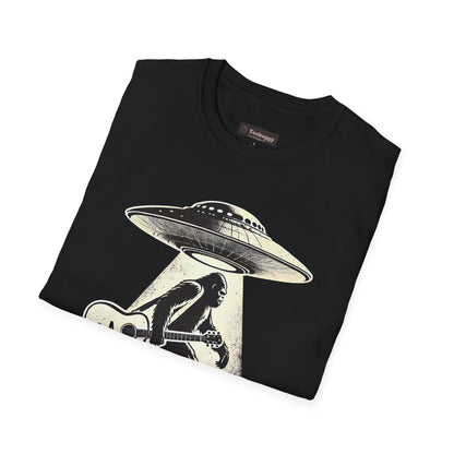 Bigfoot Guitar Tee — UFO Searchlight Humorous Sasquatch T-Shirt