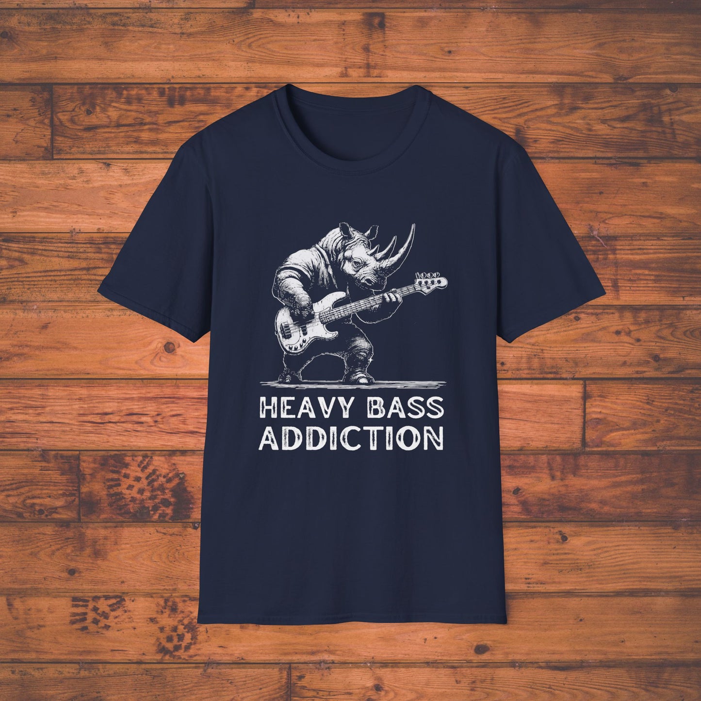 Heavy Bass Addiction T-Shirt — Rhino Playing Bass for Bassists & Music Lovers