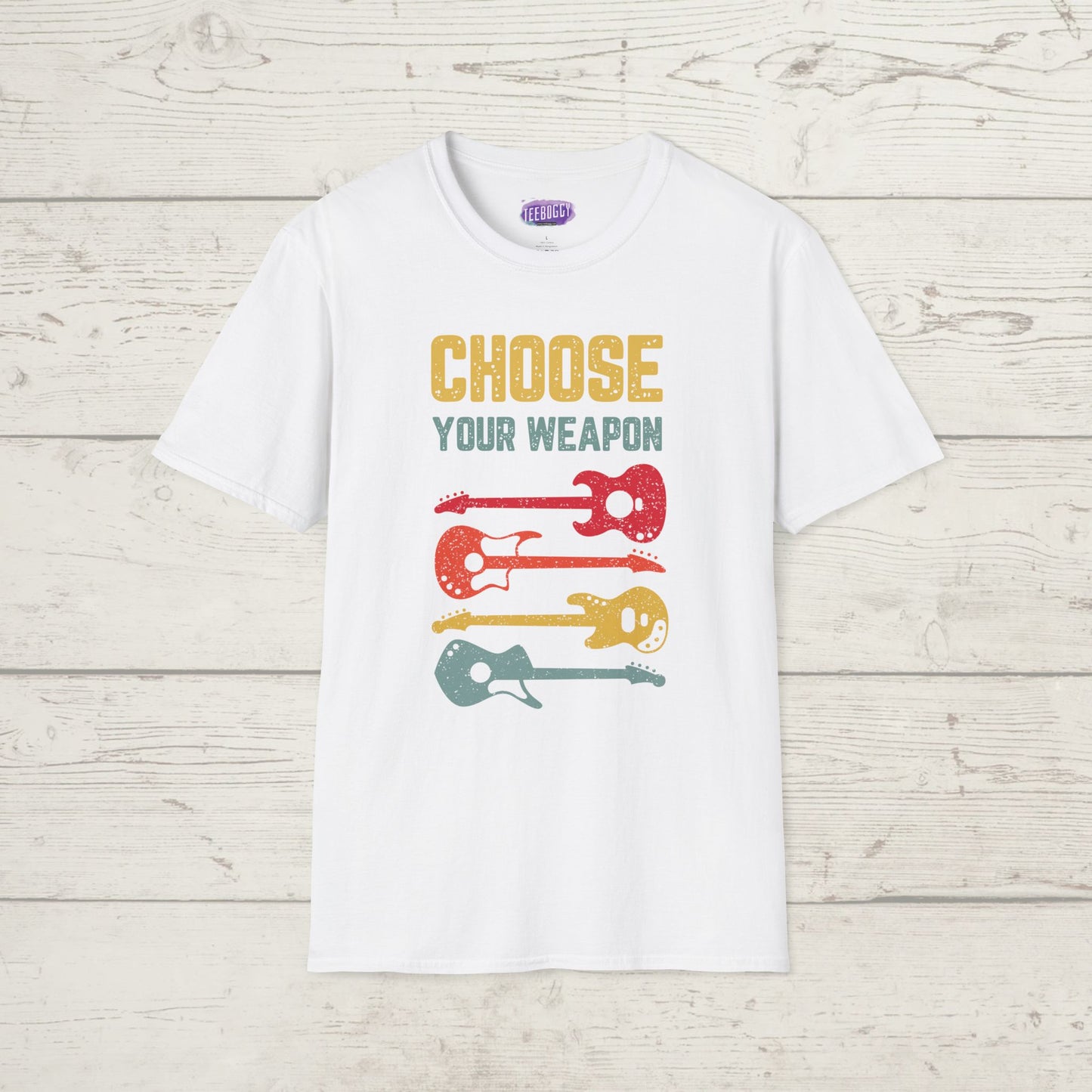 Guitar T-Shirt with 'Choose Your Weapon' Slogan