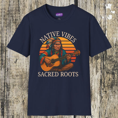 Native Vibes Softstyle T-Shirt with Elder Native American Playing Guitar