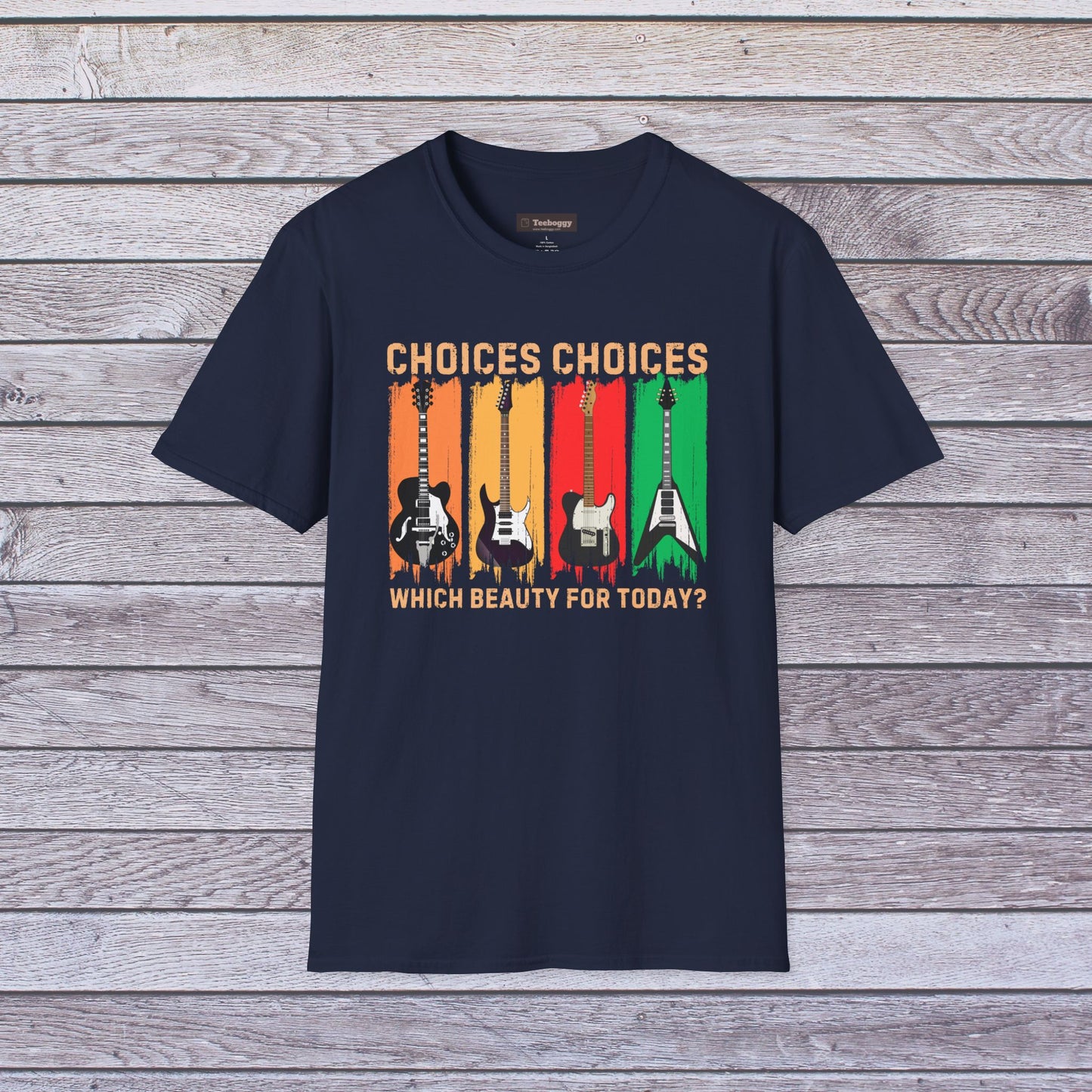 Rock Guitar T‑Shirt — "Choices Choices, Which Beauty for Today" Retro Guitar Types