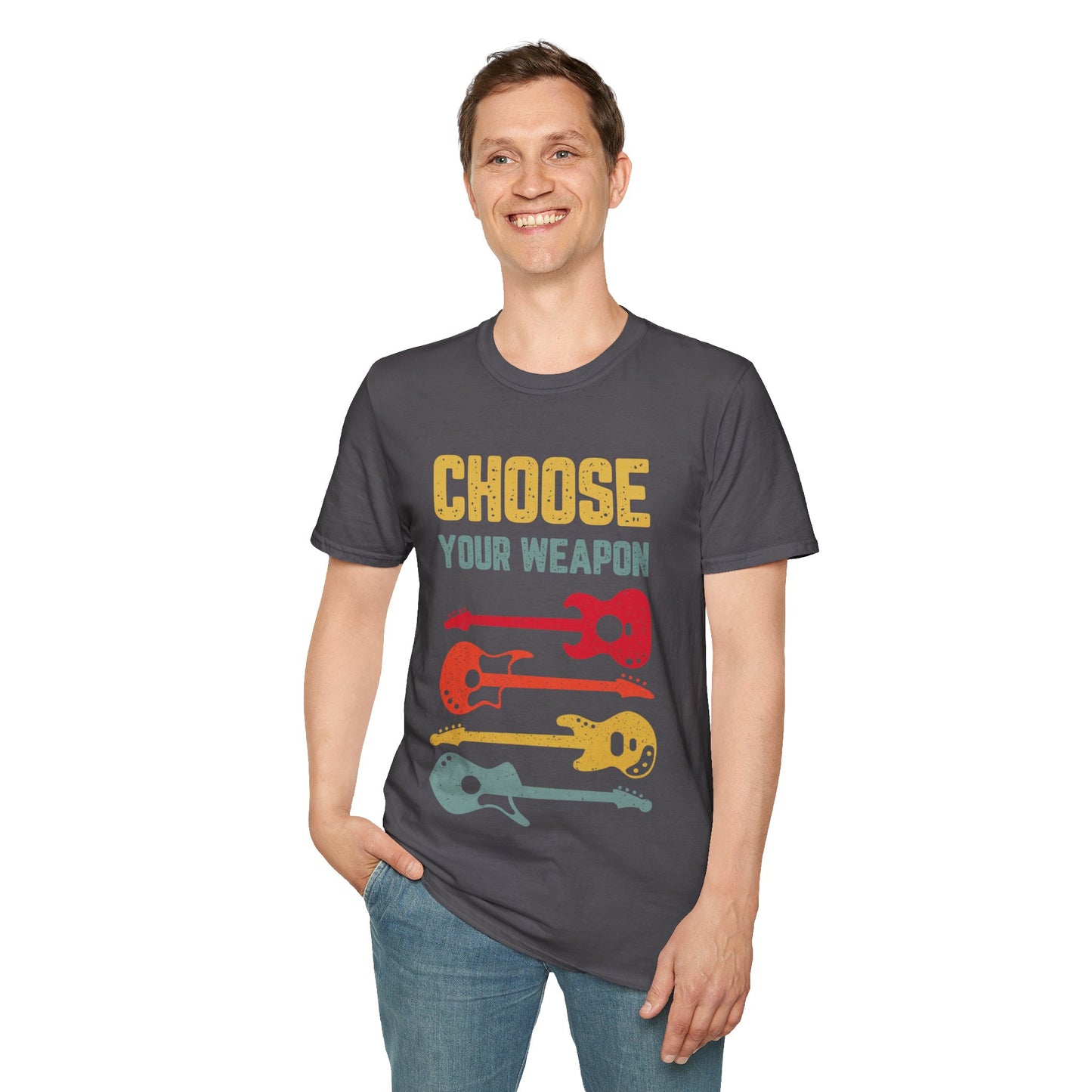Guitar T-Shirt with 'Choose Your Weapon' Slogan