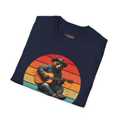Daddy Bear T-Shirt — Grizzly Dad Playing Acoustic Guitar Retro Sun Design
