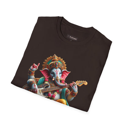 Ganesh Playing Electric Guitar T-Shirt — Woodstock Vibes Spiritual Rock Tee