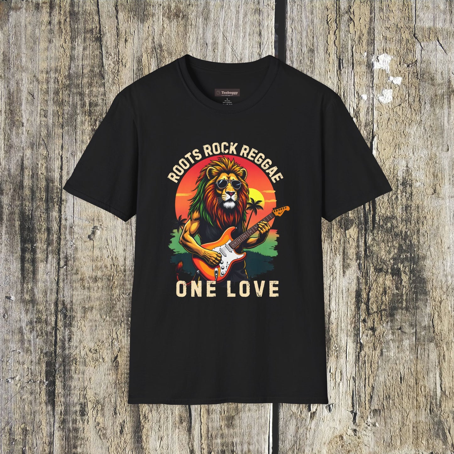 Roots Rock Reggae Lion Guitar T-Shirt — One Love Music Tee