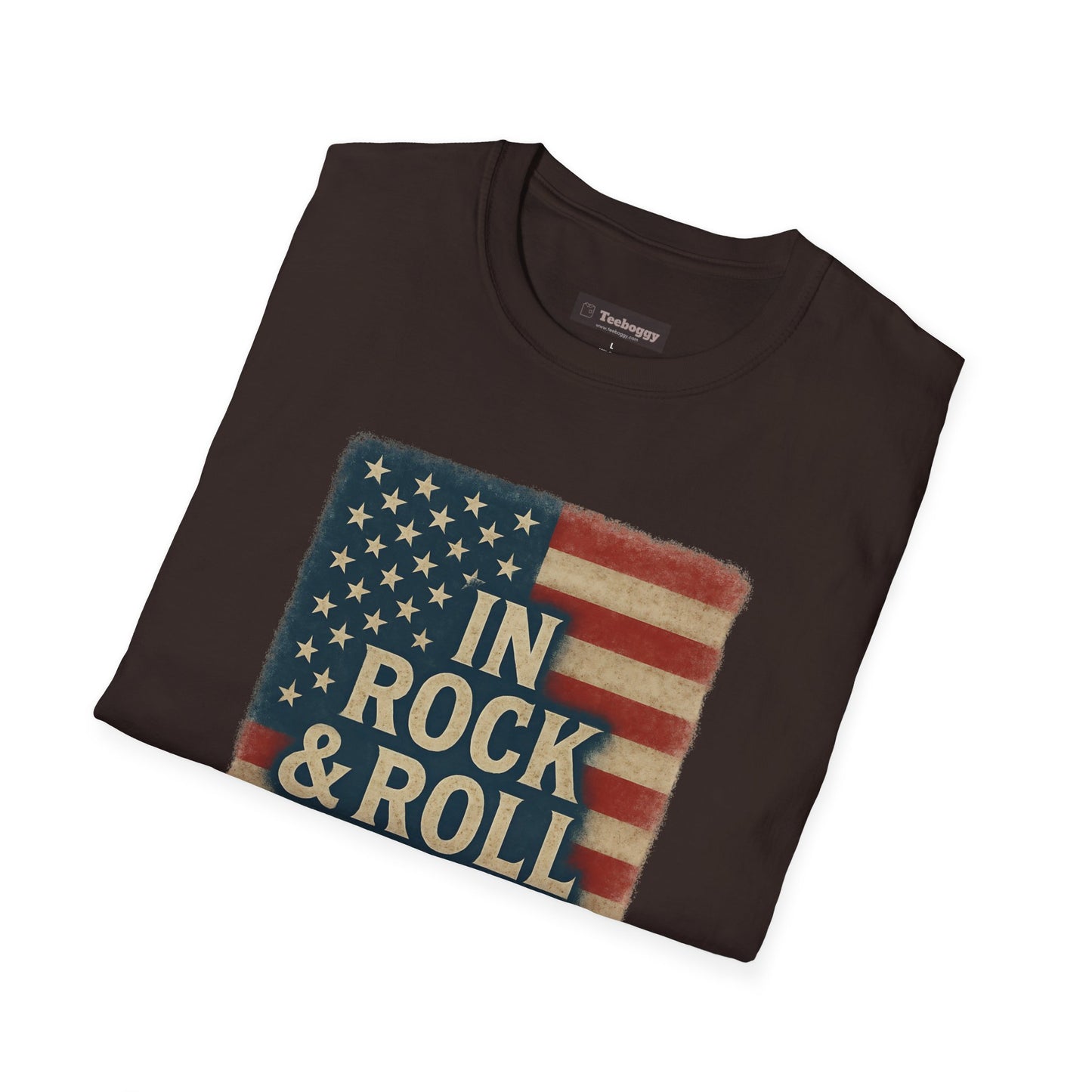 Rock & Roll T-Shirt — "In Rock & Roll We Trust" USA Flag Patriotic Tee