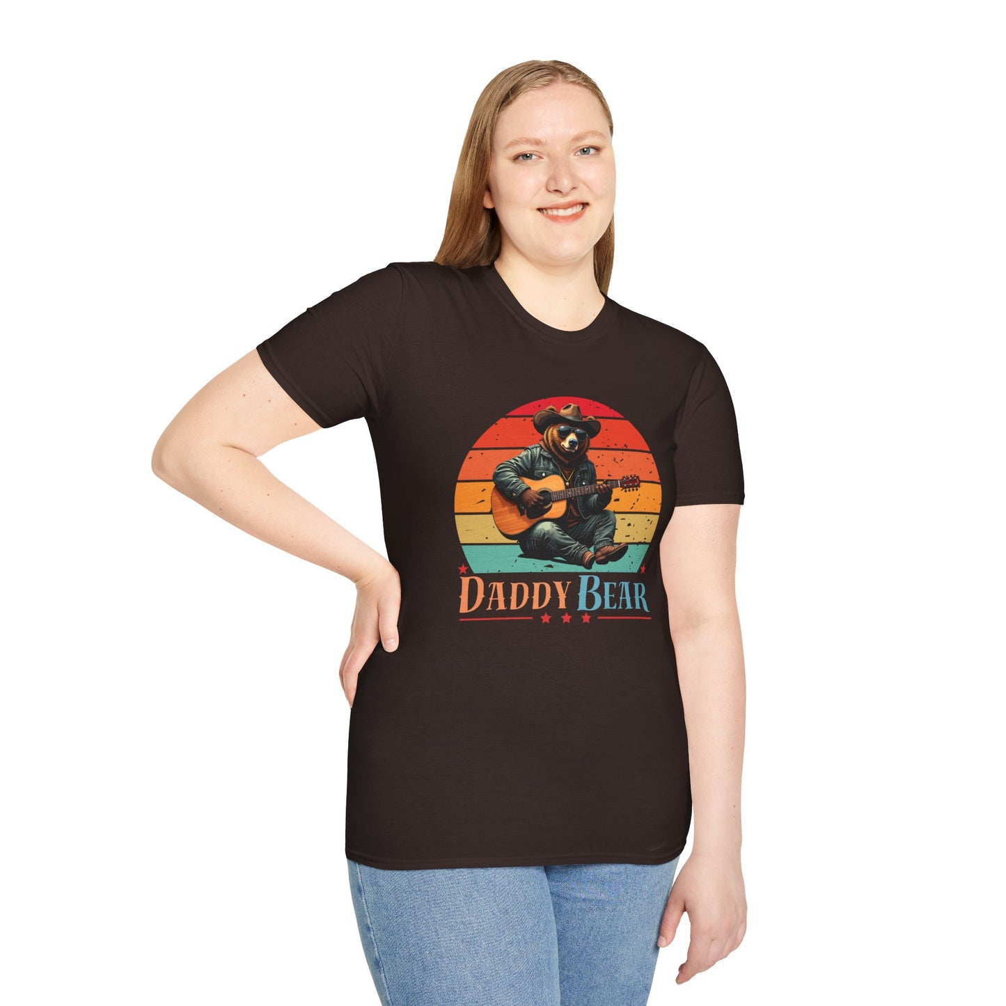 Daddy Bear T-Shirt — Grizzly Dad Playing Acoustic Guitar Retro Sun Design