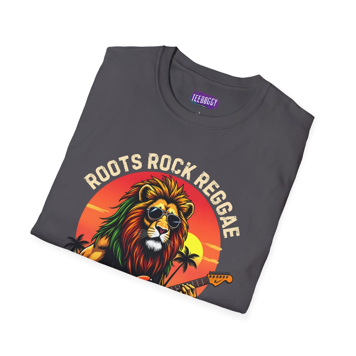Graphic T-Shirt - Zion Lion Rock Guitar Retro Sunset with Roots Rock Reggae & One Love Slogans