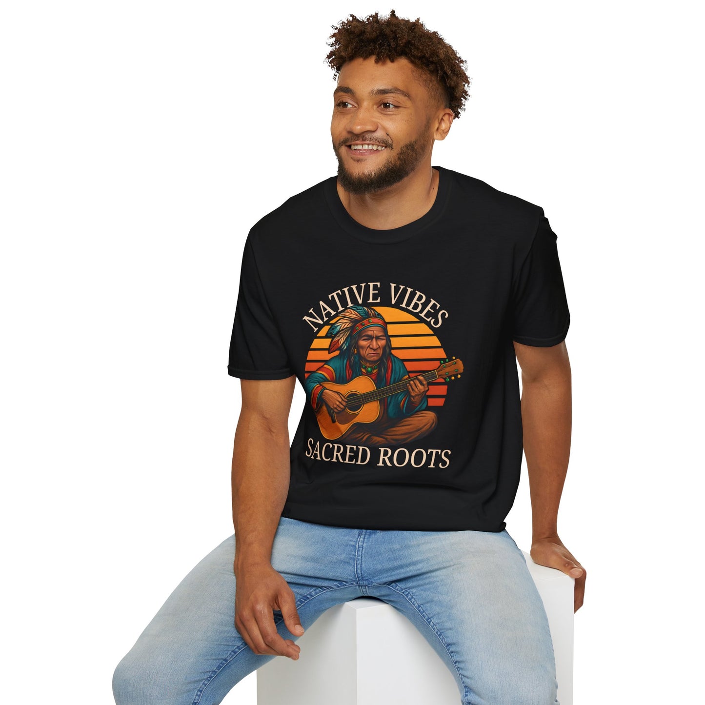 Native Vibes Softstyle T-Shirt with Elder Native American Playing Guitar