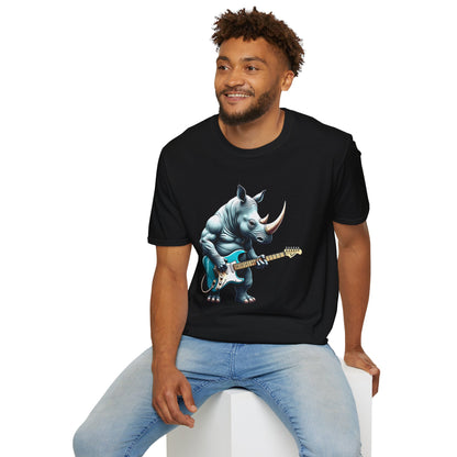 Rock Guitar Rhino T-Shirt — Rhinoceros Playing Electric Guitar Graphic Tee