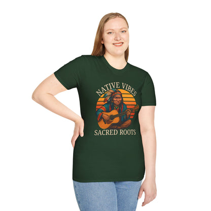 Native Vibes Softstyle T-Shirt with Elder Native American Playing Guitar