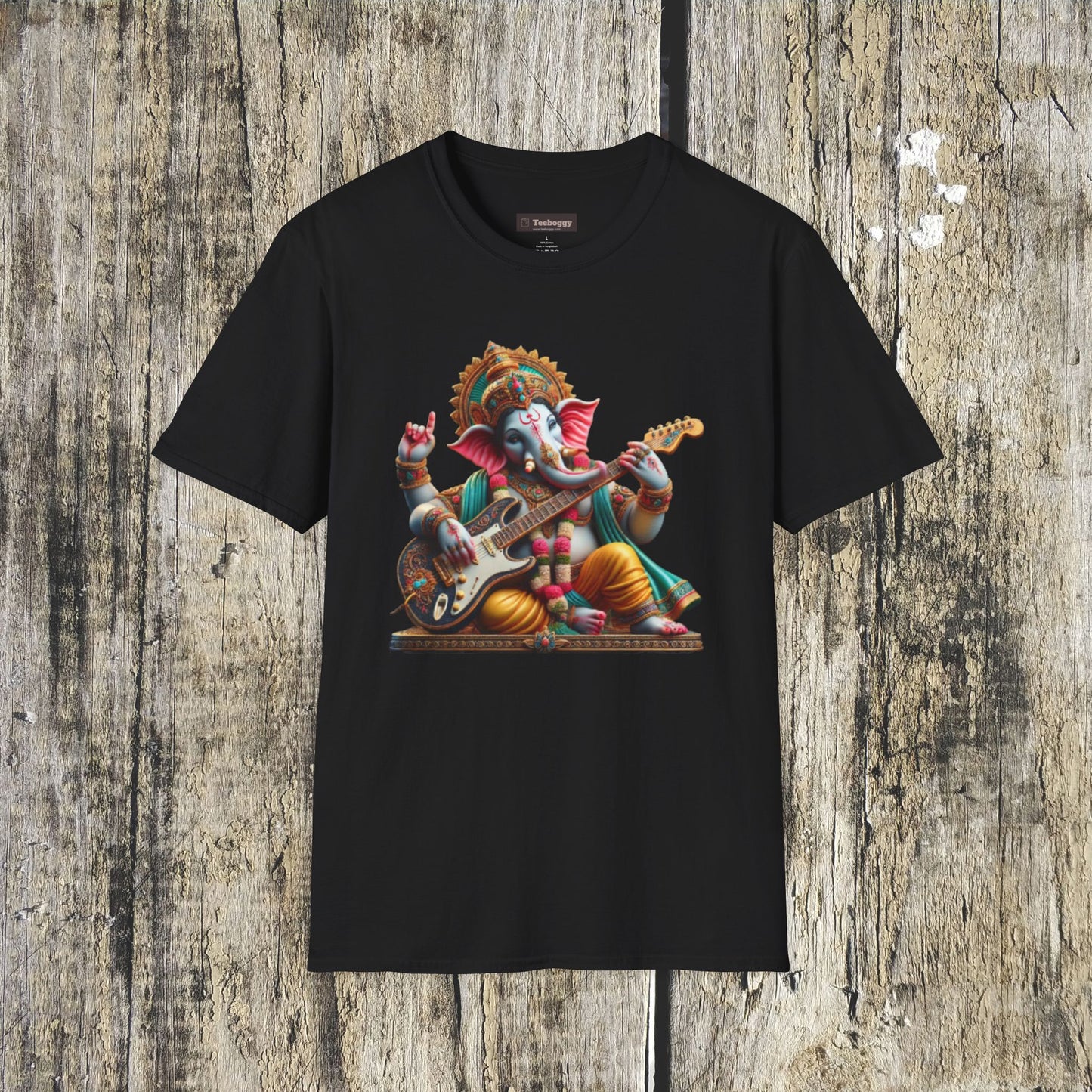 Ganesh Playing Electric Guitar T-Shirt — Woodstock Vibes Spiritual Rock Tee