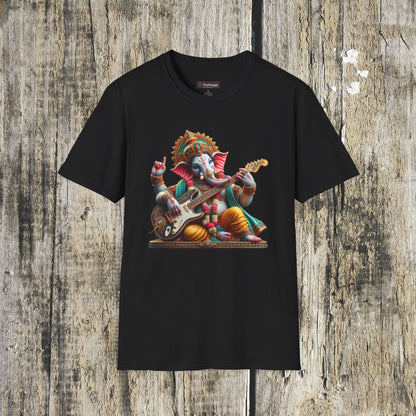 Ganesh Playing Electric Guitar T-Shirt — Woodstock Vibes Spiritual Rock Tee