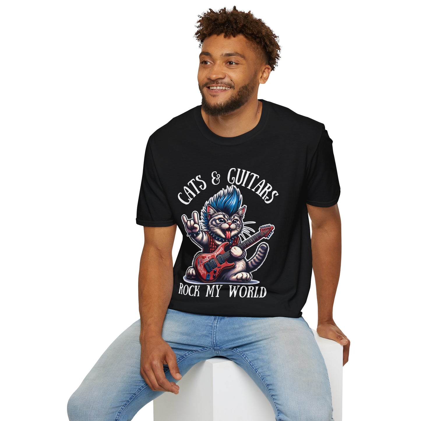 Rocker Cat T-Shirt with 'Cats & Guitars Rock My World' Slogan